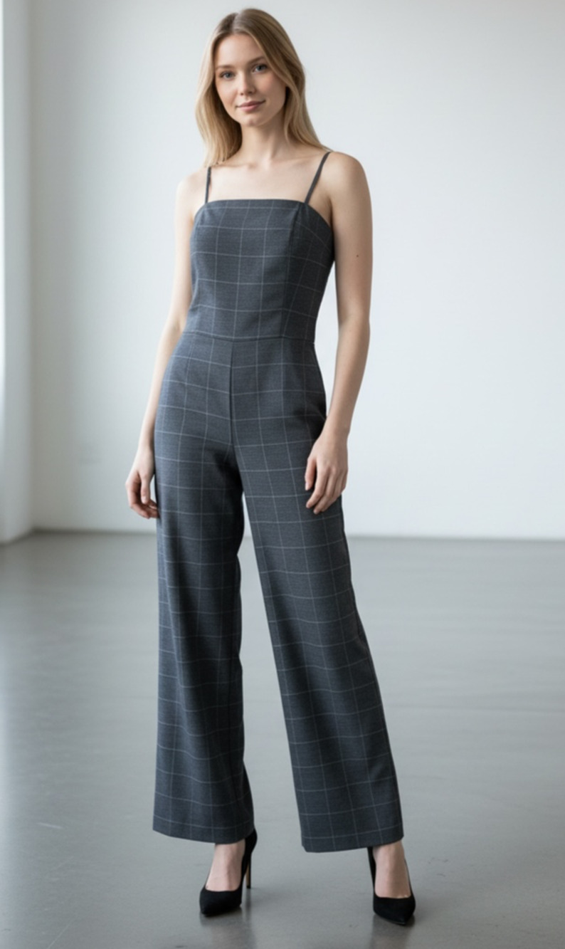 Banana Republic Gray Windowpane Wide Leg Jumpsuit Size 4P Office Chic